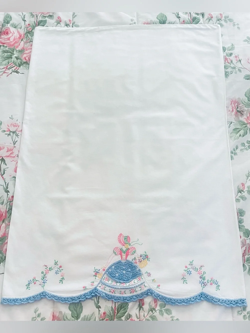 Vintage Pillowcase Southern Belle Hand Embroidered & Crocheted Cotton Pink Blue